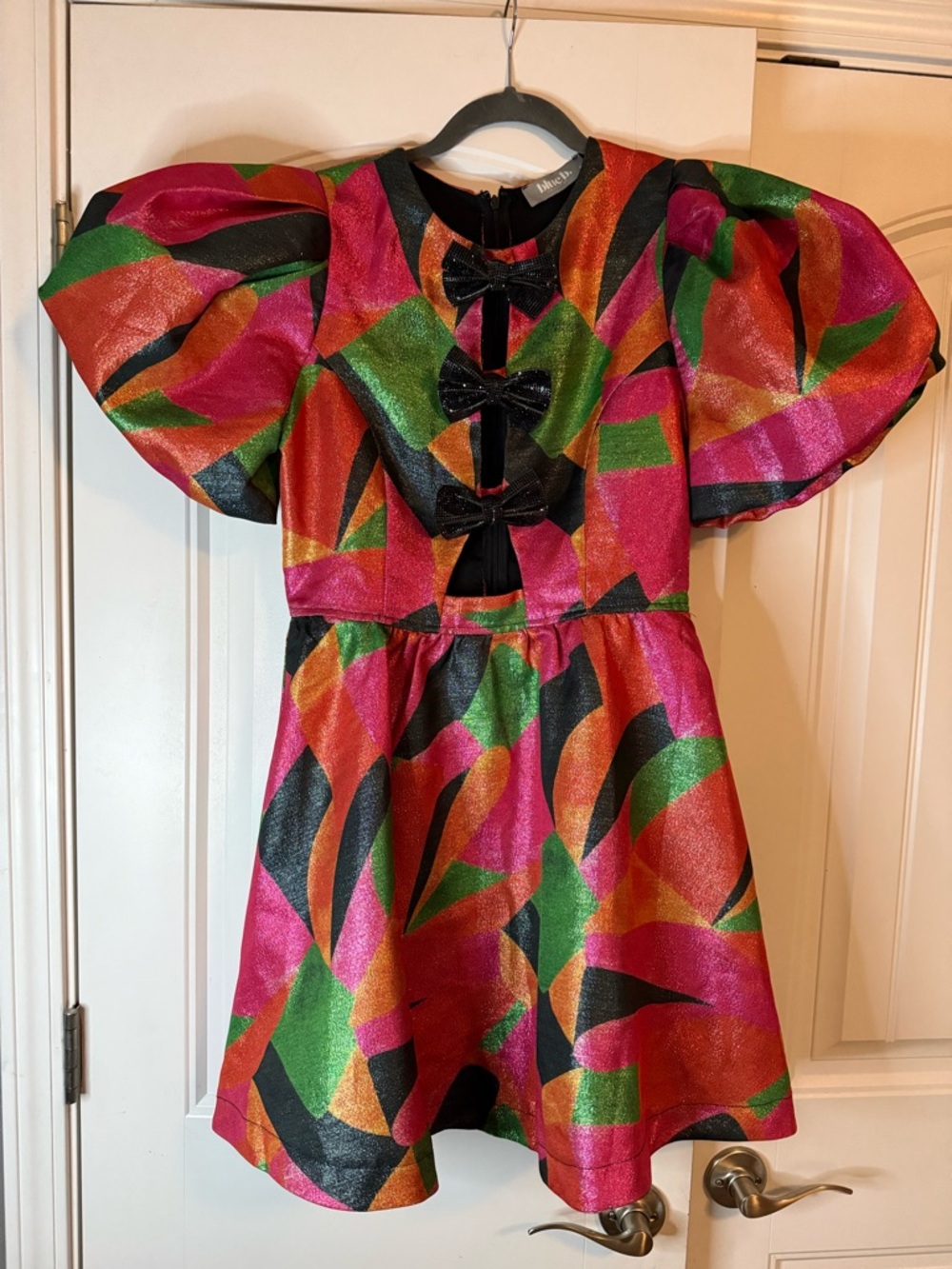 Blue B Collection Metallic Geometric Bow Mini Dress - Puff Sleeve - Size M